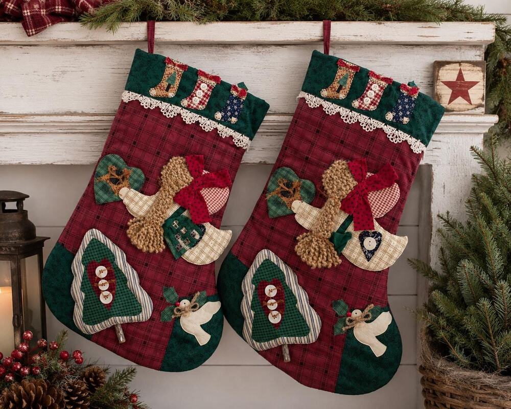 Vintage Wang’s International Christmas Stockings Set of 2 Quilted Folk Art 18”